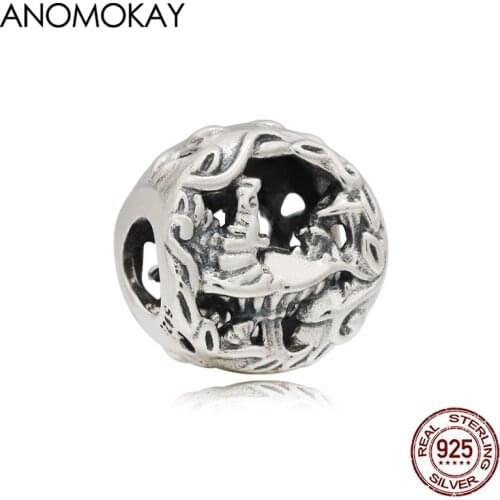 Anomokay Novelty Openwork Round Silver Charm fit Bracelet & Bangle S925 Silver Beads for DIY Jewelry Accessories