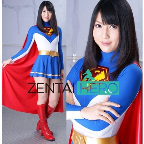 New Arrival Womens Spandex Bodysuits Sexy Blue/White Supergirl Lady Hero Zentai Catsuit Lycra Movie Ranger Leotard With Cape