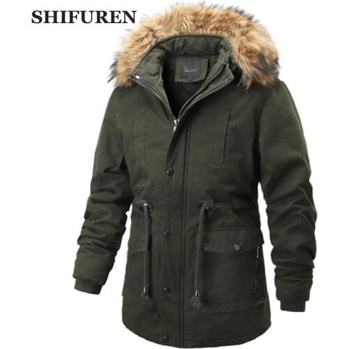 SHIFUREN Winter Fleece Outwear Thick Parka Mens Big Pockets Medium-long Warm Cotton Padded Coat Causal Overcoat Size S-3XL