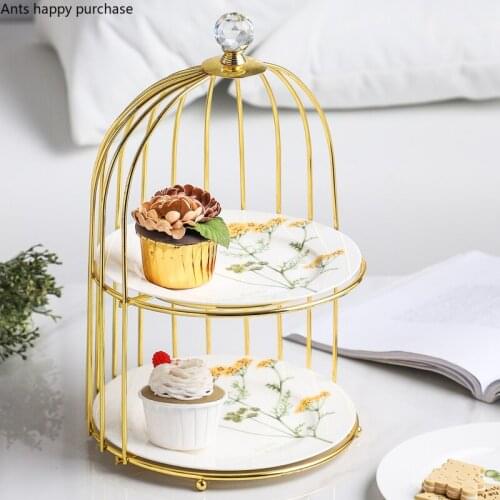Wrought Iron Ceramics Cake Stand Fruit Tray Double Layer Cake Pan Snack Dessert Plate Display Stand Desktop Decorative Frame