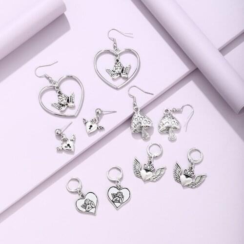 Minar Statement Cartoon Mushroom Angel Hollow Love Heart Pendant Earrings for Women Metallic Silver Colour Earrings Accessories