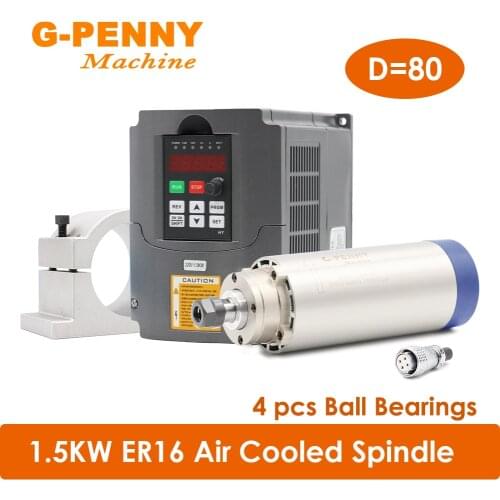 Air Cooled Spindle 1.5KW ER16 CNC Spindle Motor 220v 4 PCS bearings Wood working spindle & 1.5KW HY Inverter & 80mm Bracket