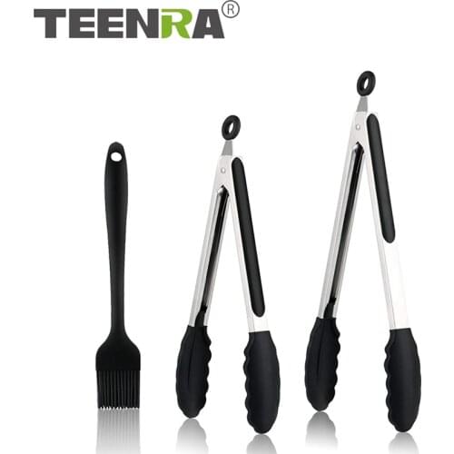 TEENRA 3Pcs/Set Silicone Kitchen Cooking BBQ Clip Tongs Set Non-Stick Barbecue Grill Tongs Salad Bread Clip Kit Utensil Tools