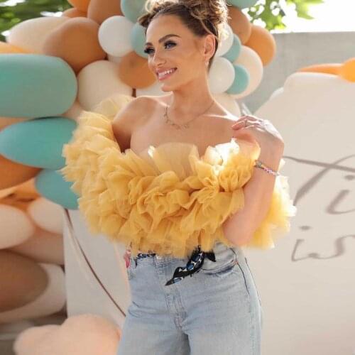 Off Shoulder Tops Sexy Yellow Tiered Puffy Top Elegant Open Back Ruffle Tulle Blouse Custom Fashion Casual Top Plus Size