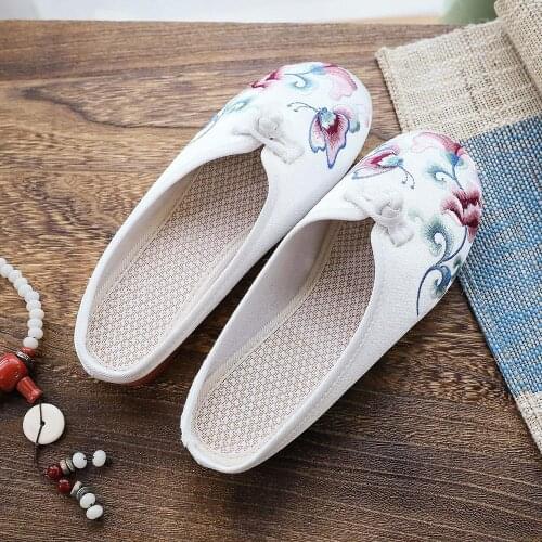 YourSeason Soft Comfort Ladies Satin Cotton Embroidered Shoes Women Casual Flat Mules Vintage Non-Slippery Slippers Closed Toe