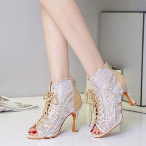 Women High Latin Dance Boots GoldWhite Ballroom Dancing Shoes Salsa Tango Satin Shoes Girls Soft Bottom Hollow Out Top Heel L434