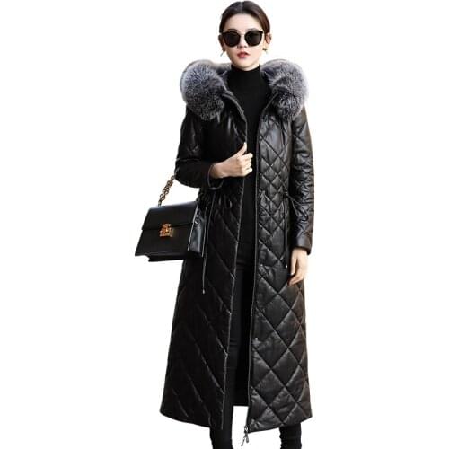 2019 Winter Womens Fox Fur Collar Genuine Leather Down Jacket Women Long Sheepskin Coat Hooded Z015M KJ3780