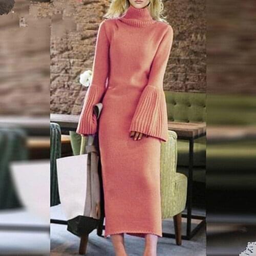 See Orange Black/Pink/Yellow Winter Sweaters For Women Flare Sleeve High Neck Womens Turtleneck Sweaters Dress Sweater Women