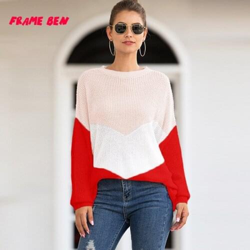 Fashion 2019 New Autumn Winter Knitted Sweater for Women Long Sleeves O-neck Loose Patchwork Casual Pullover Sweaters