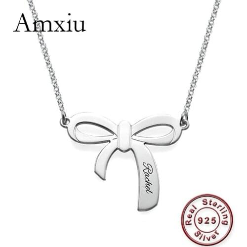 Amxiu 100% 925 Sterling Silver Bow Knot Pendant Necklace Customize Names Letters Personalized Name Necklace Jewelry Women Gifts