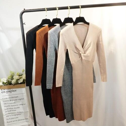 Female Bottom Dress New Autumn and Winter Korean Slim Long-sleeve Bow Knot Knit Dress Women Mid-long Sweater Dress NS1549