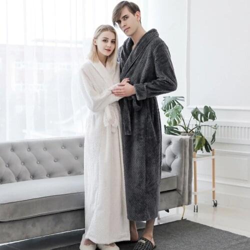 Winter Thicken Couples Flannel Pajamas Extra Long Warm Women Terry Bathrobe Kimono Bath Robe Night Dressing Gown Men Sleepwear