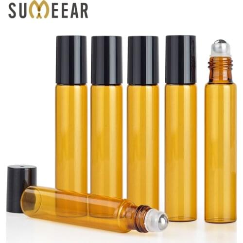 100 pcs/lot 10ML Portable Amber Essential Oil Bottle Roll on Perfume Bottle Mini Metal Ball Roller Brown Essential Oil Bottles