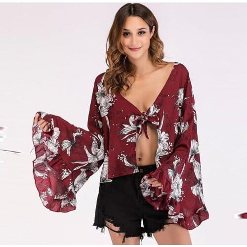 2021 New Oversize Spring Summer Bowknot V Neck Puff Sleeves Big Floral Shirt Cardigan Womens Sexy Printed Crop Top For Fashion