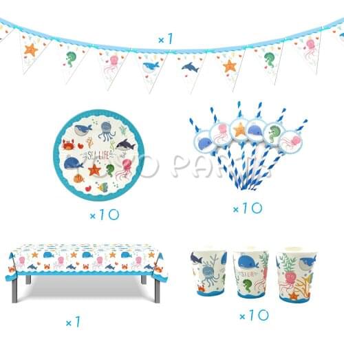 32pcs For 10 Kids Sea Life World Marine Animal Theme Birthday Party Supplies Tableware Set, Plate Straw Cup Tablecloth Banner