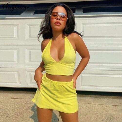 Hugcitar 2021 Sleeveless Halter Bandage Sexy Crop Top Skirt 2 Pieces Set Summer Women Fashion Hollow Out Y2K Tracksuit