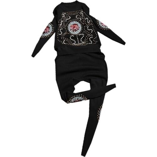 YUZACDWX 2021Spring Two-piece Small Fragrance beaded cross-stitch sweater sweater casual suit female Leisure Pants Set autumn