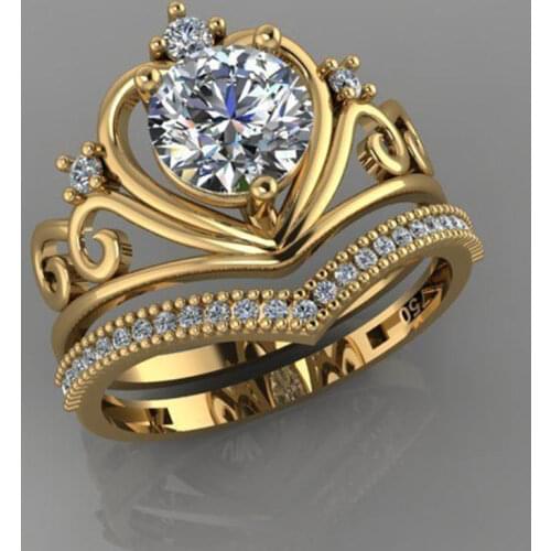 Milangirl Luxury 2 Pcs/set Gold Color Hollow Heart Love Crown Inlaid White Crystal Rhinestone Ring Set for Women Wedding Jewelry