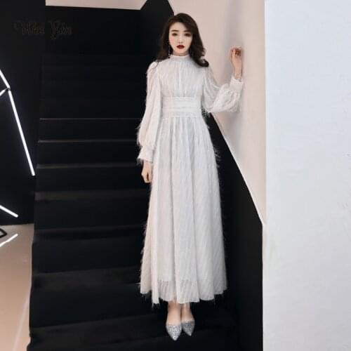 Weiyin 2021 New White Real Photo A-Line High Collar Formal Prom Dresses Long Sleeve Sexy Womens Evening Gowns WY1510