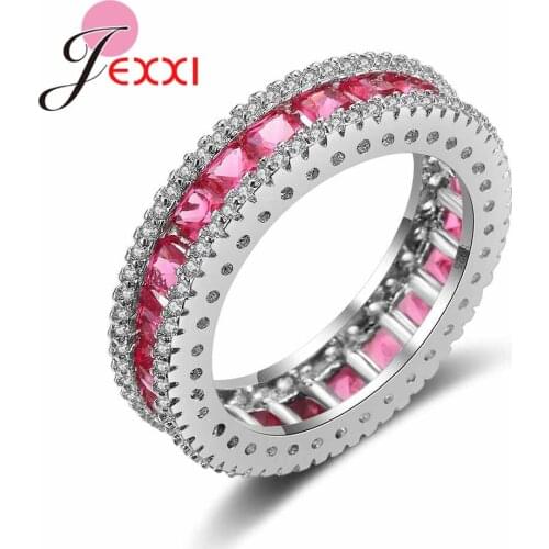 New Finding Women Retro Ring Simple Wedding Jewelry Paved Full Red CZ Crystal Hot Sale 925 Sterling Silver Bijoux