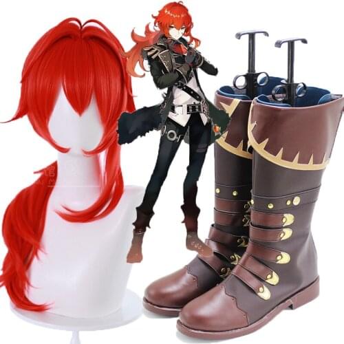 Game Genshin Impact Diluc Ragnvindr Cosplay wigs Boots Shoes Leather Shoes Comic-Con Cosplay Accessorie Halloween Party Shoes
