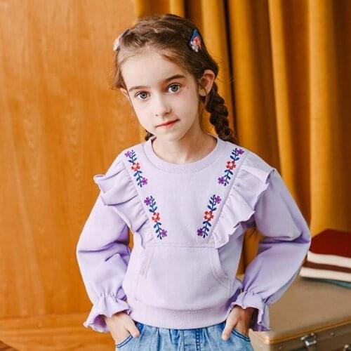 Autumn Spring Floral Embroidery Hoodies For Girls Fashion Ruffles Casual Pullovers Kids Sport Style Hoodies Clothing 3-12 Years