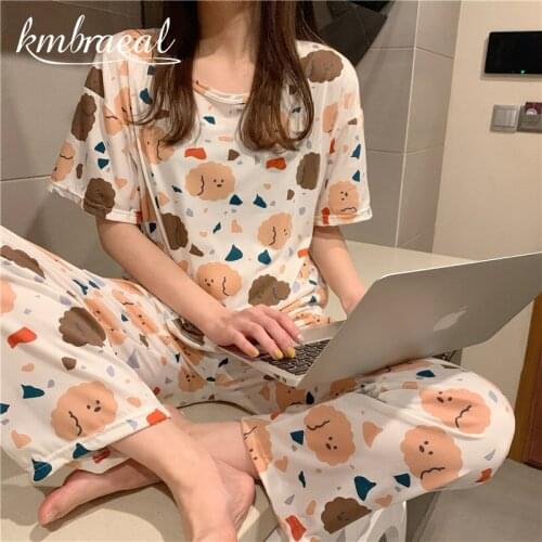 Pajamas Set Women Summer Girls Short Sleeve Trousers Cartoon Print Loose Casual Sleepwear T-Shirts and Shorts Pjs Homewear New