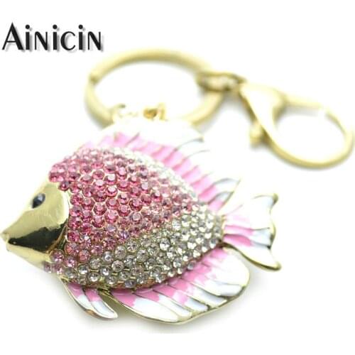 Full Rhinestone Crystal Setting Pink Color Tropical Fish Key Chain Gold Plating Lobster Clasp KeyChain For Girls Jewelry