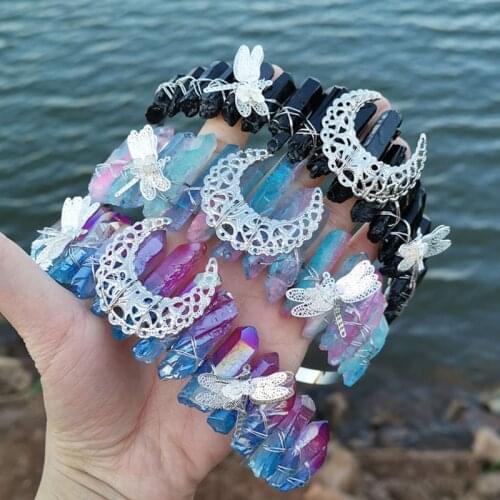 Handmade Colorful Raw Crystal Headband Antique Silver Metal Moon Dragonfly Hair Hoop Wedding Bridal Jewelry Tiara Crown