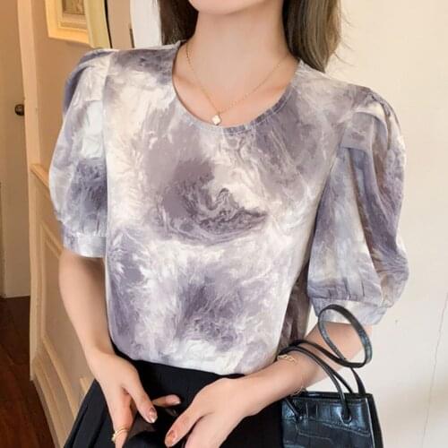 O-Neck Plus Size Elegant Ladies Blouse Summer New Retro Puff Sleeve Tops Women Fashion Loose Ink Tie Dyeing Womens Shirt 15331
