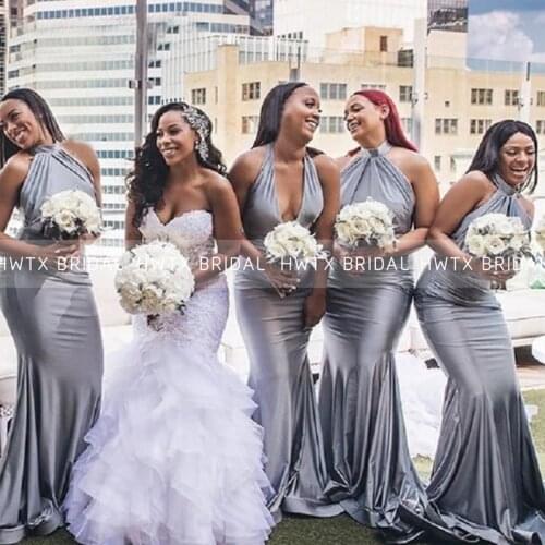 Silver Elastic Satin Mermaid Bridesmaid Dresses Sleeveless Backless Long African Women Bridal Party Dress vestidos de fiesta