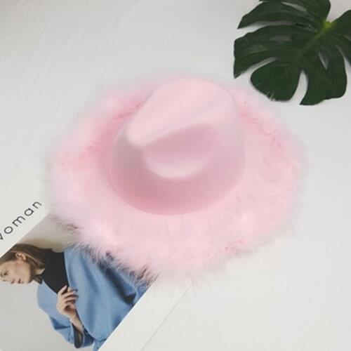 Pink Feather Fedora Hat Womens Wide Brim Straight Side Jazz Hat Fall/Winter Fashion New Solid Color Woolen Top Hat Panama Hat