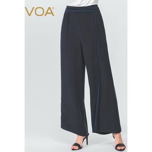 VOA Spring/Autumn Navy 40m/m Silk Mid Waist Trousers Long Asymmetric Loose Leaf Splicing Wide Leg Pants for Women K1151