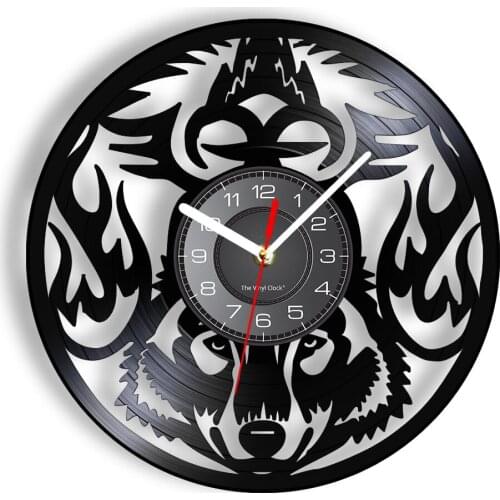 Wolf Carved Wall Clock With LED Illumination Howling Untamed Wild Animals Laser Cut Longplay Wall Watch Vinyl Record Art Decor