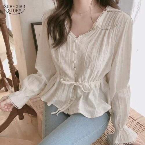 V-Neck White Blouse Sashes Casual Woman Clothes 2021 Fall Chic Lace Long Sleeve Shirt Women Blouses Shirts Chemisier Femme 9590