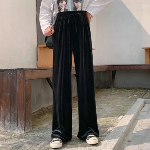 Casual High Waist Solid Long Loose Straight Trousers Femme Korean Fashion Velour Wide Leg Pants for Women Autumn Winter