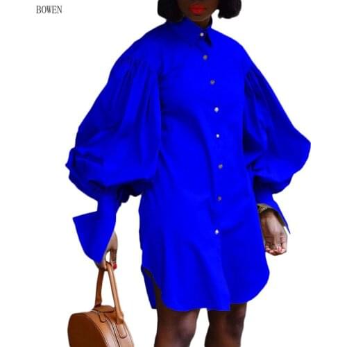Women Short Shirt Dress Summer Button Up Long Big Lantern Sleeves A Line Dress Fashion Female Casual Plus Size Robes Vestidos