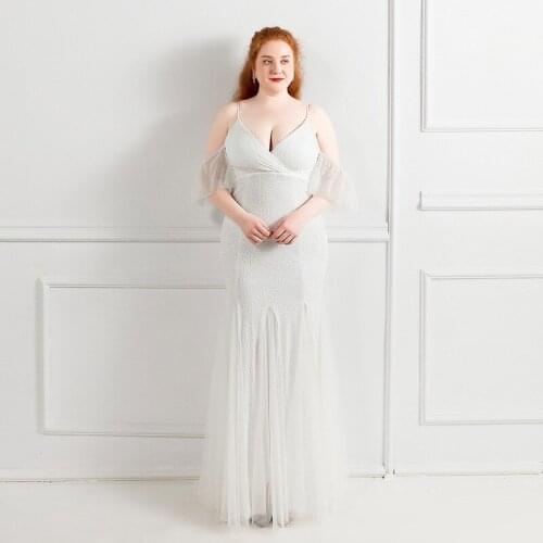 White Sequins V-Neck Evening Dress Zipper Back Elegant Floor-Length Short Sleeves New Mermaid Plus Size Women Formal Gowns D1282