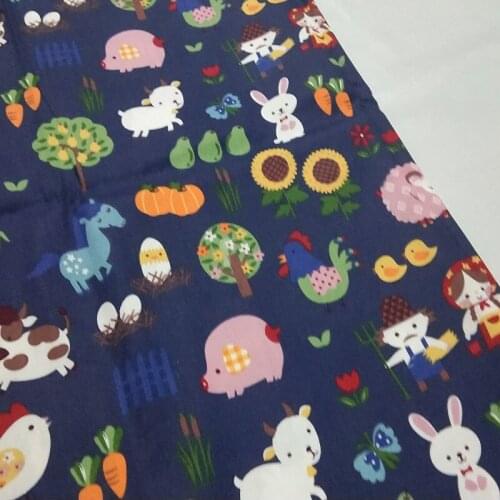 100% Cotton viaPhil Navy Blue Farm Animals Chick Sheep Cow Pig Printed Fabric Animal Fabric Patchwork Cloth Dress Home Decor