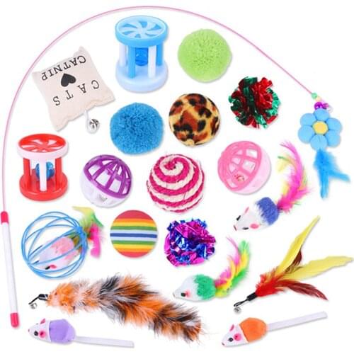 20 Pcs Pet Cat Toy Set Feather Teaser Wand Catnip Toys Mouse Balls Rings Cats Interactive Products Cat Toys Set Cats Supplies