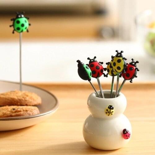 6 PCS Lady Beetle Ceramic Handle Stainless Steel Cartoon Kids Fruit Forks Christmas Children Cute Dessert Party Fork Decoration