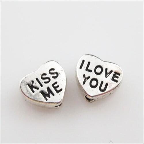 35 New Charms Tibetan Silver Heart "I LOVE YOU""KISS ME" Spacer Beads 7x8mm