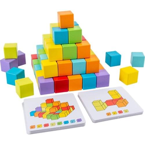 Wooden Brain Teaser Puzzles For Kids Cubes Creative Stacking Block Sets 7 Colors