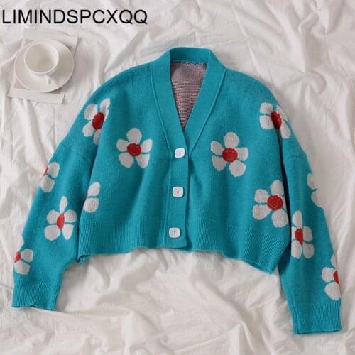 Chompas Para Mujer Flower Knit Cardigans Sweater Women V Neck Loose Elegant Thick Pull Femme Print Short Casual Coat Korean 2021