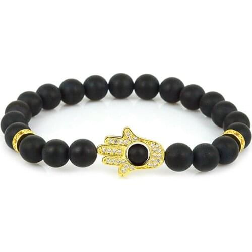 Classic Black Jewelry 8mm Matte Onyx Bead With White Clear CZ Zircon Hamsa Hand Spacer Charm Standard Stone Bead Men Bracelet