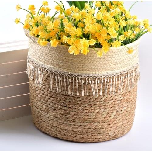 Clothes Storage Basket Romantic Handwoven Home Seaweed Wicker Rattan Hanging Flowerpot Straw Indoor Hand Plant Basket