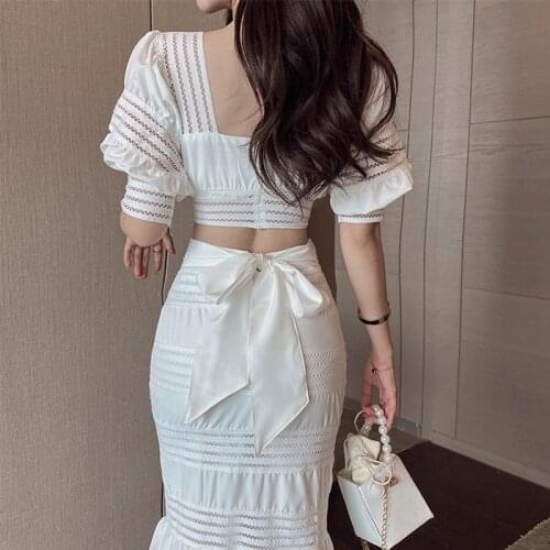 Summer 2pcs Set Women Boho Elegant Square Collar Puff Sleeve Sexy Crop Top + High Waist Bodycon Bowknot Mermaid Skirt Suit