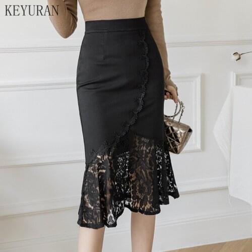 Plus Size Women Office Lace Patchwork Skirts 2021 Fashion High Waist Bodycon Pencil Skirt Korean Clothes Elegant Black Red Skirt