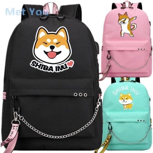 Cute shiba Inu Doge Dog Corgi USB Backpack School Book Students Bags Fans Travel Bags Laptop Chain Backpack Headphone USB Port