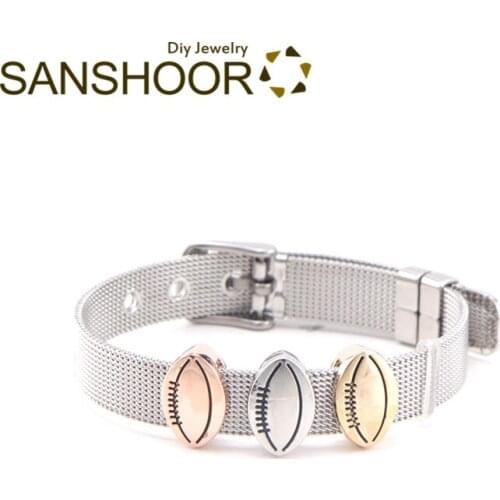 SANSHOOR Sports Slide Charms Football Desgin Fit 10mm Stainless Steel Keeper Bracelets For Women Valentines Day Gifts 3Pcs
